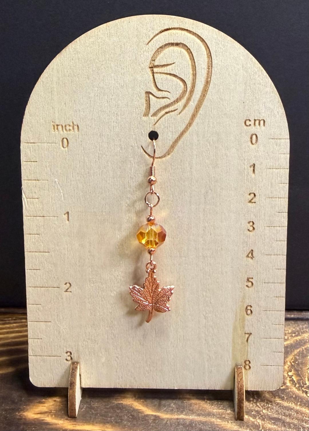 NEW Double Sided Rose Gold Maple Leaf Earrings w/ Amber Glass Beads