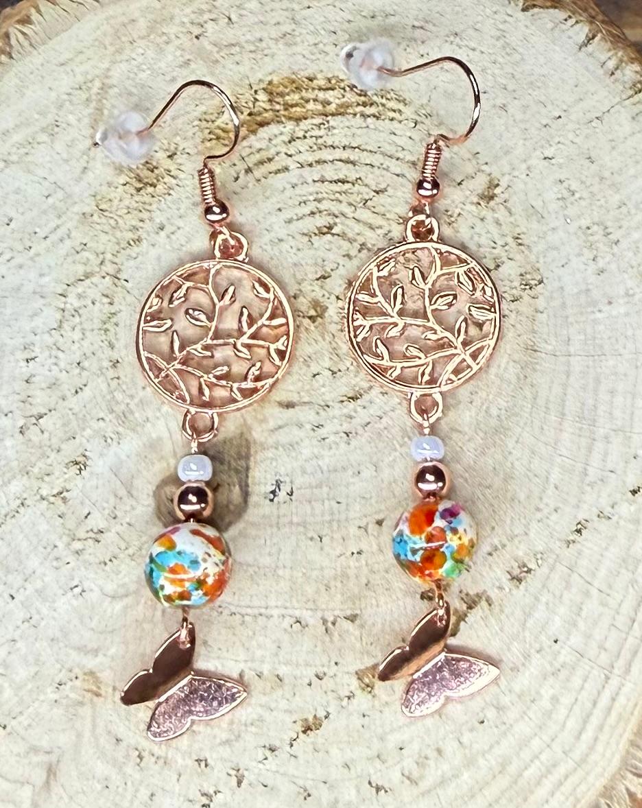 NEW Vine & Butterfly Rose Gold Beaded Earrings