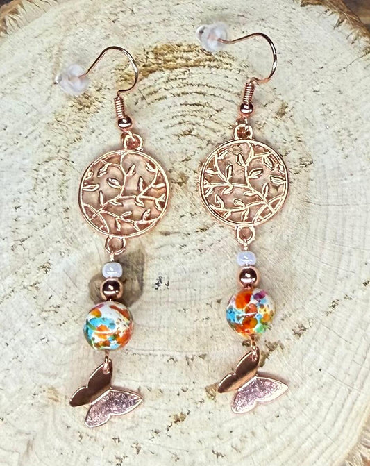 NEW Vine & Butterfly Rose Gold Beaded Earrings