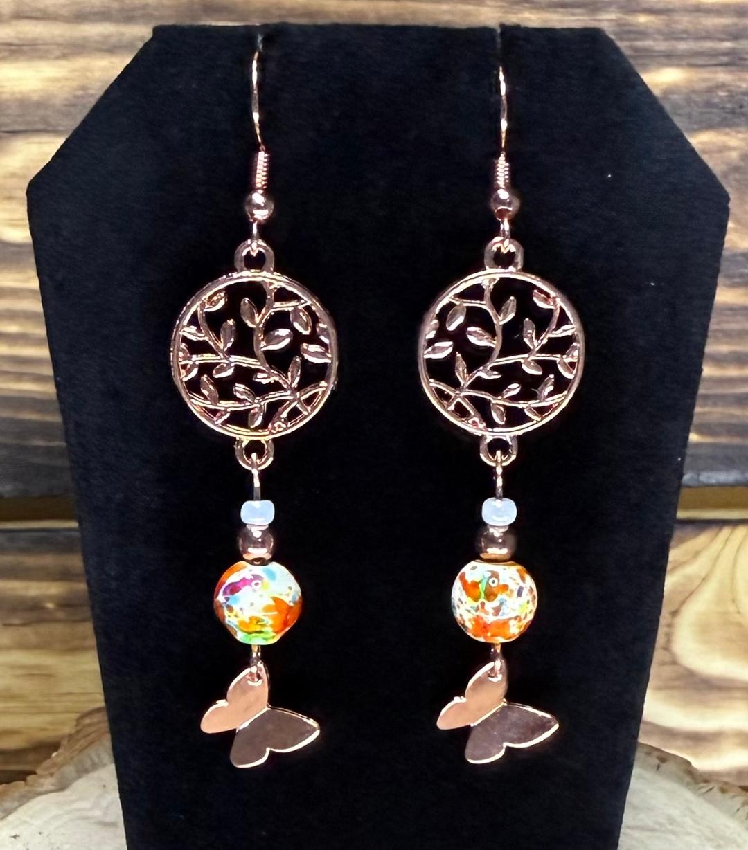 NEW Vine & Butterfly Rose Gold Beaded Earrings