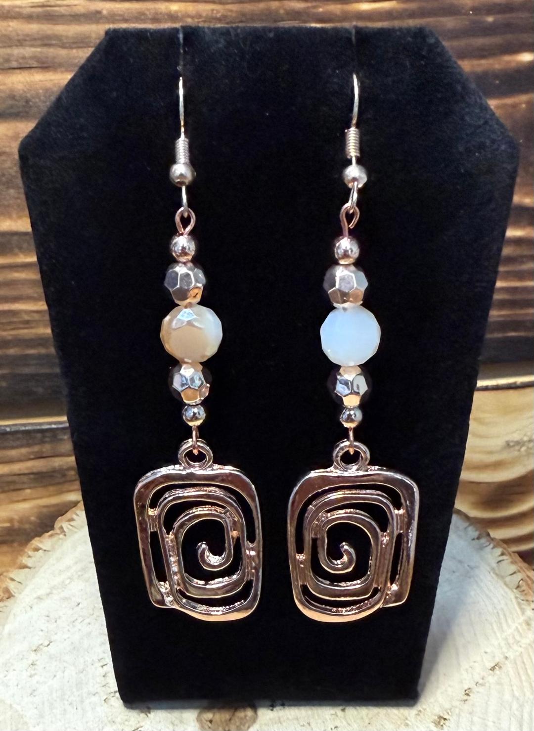 NEW Rose Gold Swirl Charm & Beige Glass Bead Earrings