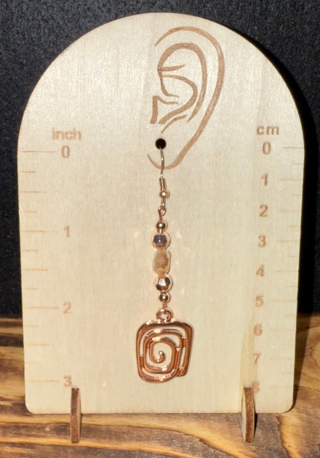 NEW Rose Gold Swirl Charm & Beige Glass Bead Earrings