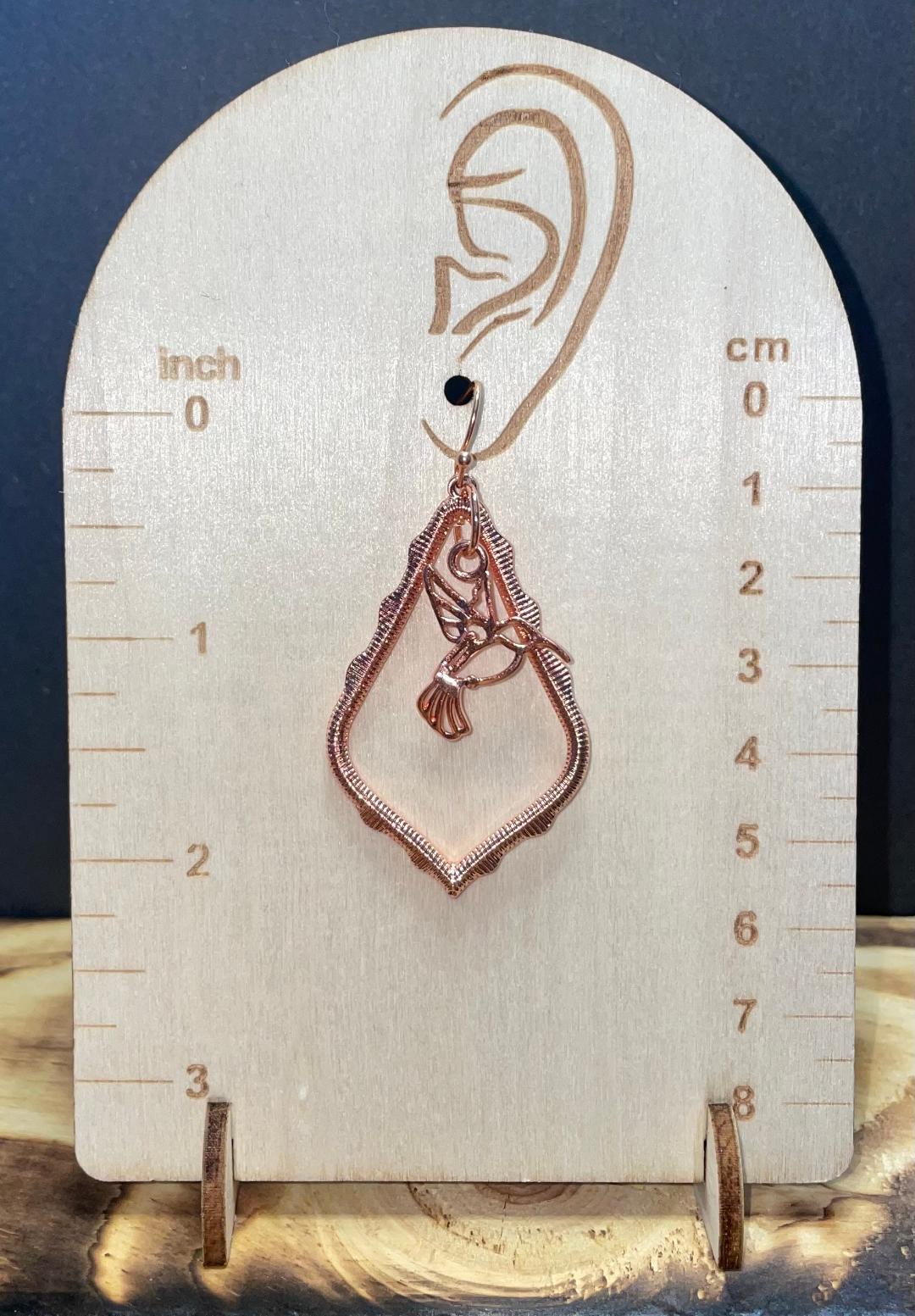 NEW Rose Gold Triangle Drop Earrings w/ Hummingbird Charm