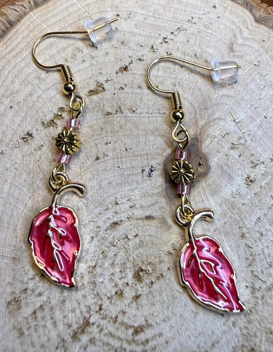 *NEW Awesome Rose Red Enamel Leaf Earrings w/ Flower Beads