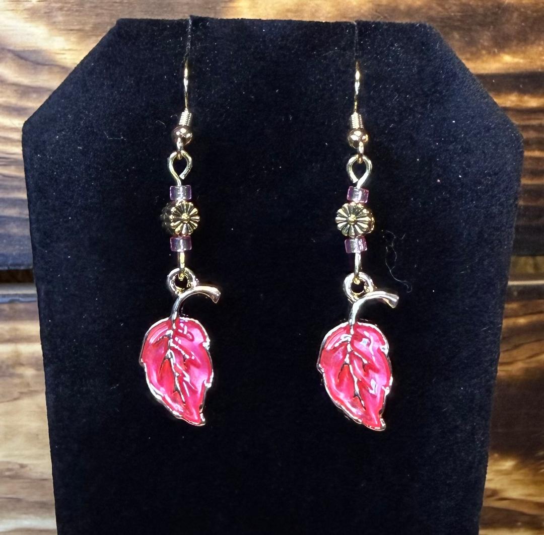 *NEW Awesome Rose Red Enamel Leaf Earrings w/ Flower Beads