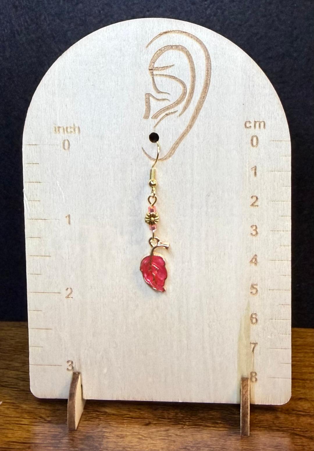 *NEW Awesome Rose Red Enamel Leaf Earrings w/ Flower Beads