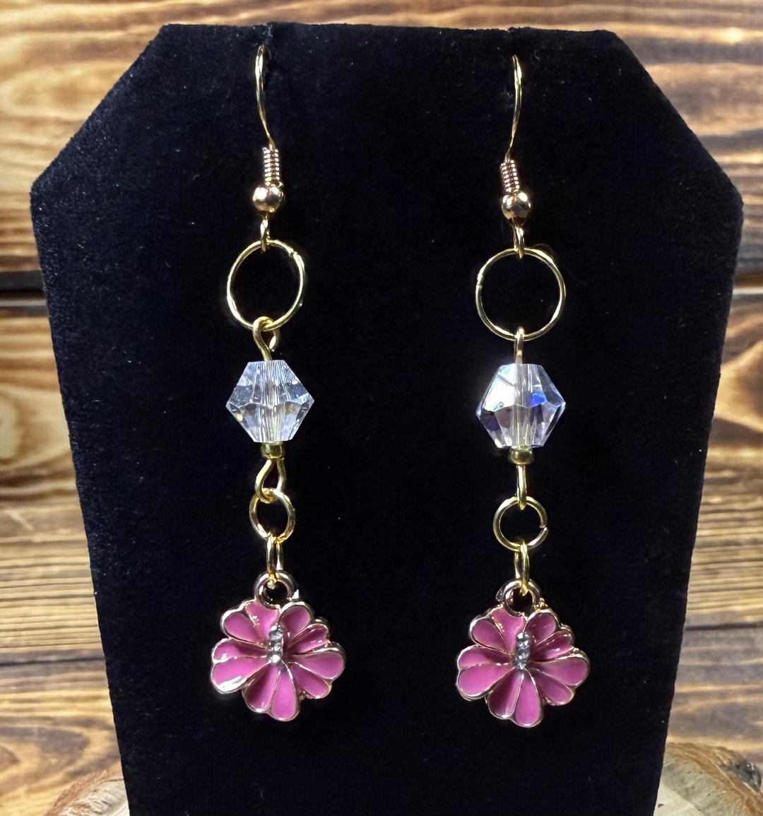 NEW Rose Pink Enamel Flower Earrings w/ Rhinestones & Glass Beads