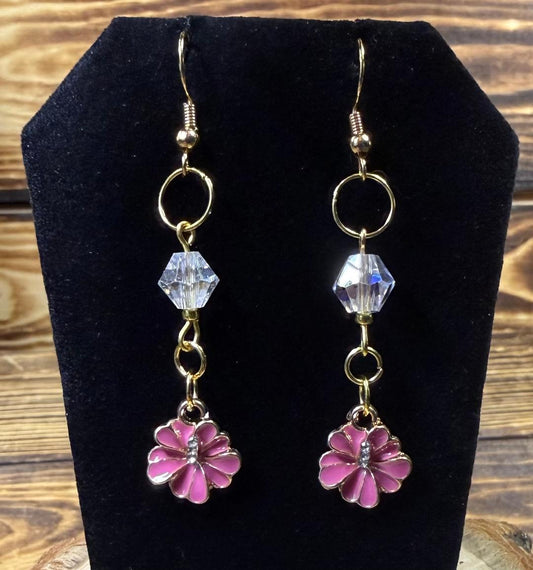 NEW Rose Pink Enamel Flower Earrings w/ Rhinestones & Glass Beads
