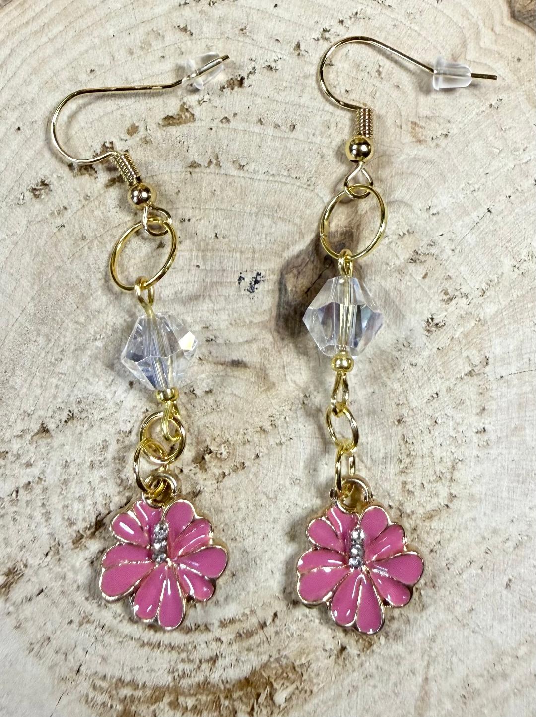 NEW Rose Pink Enamel Flower Earrings w/ Rhinestones & Glass Beads
