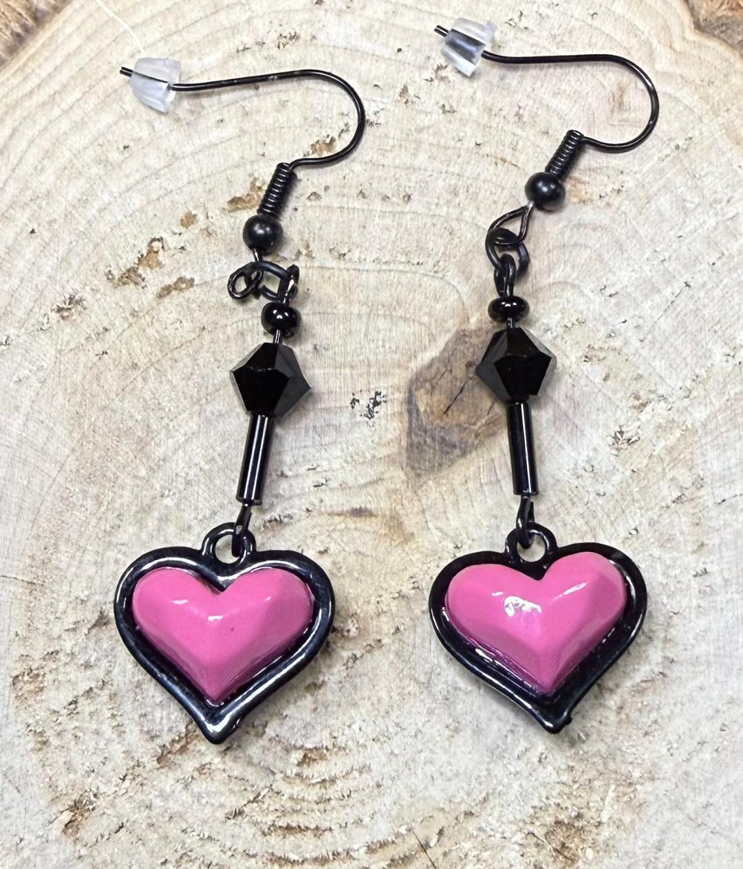 NEW Rose Pink Heart Charm Earring w/ Black Beads