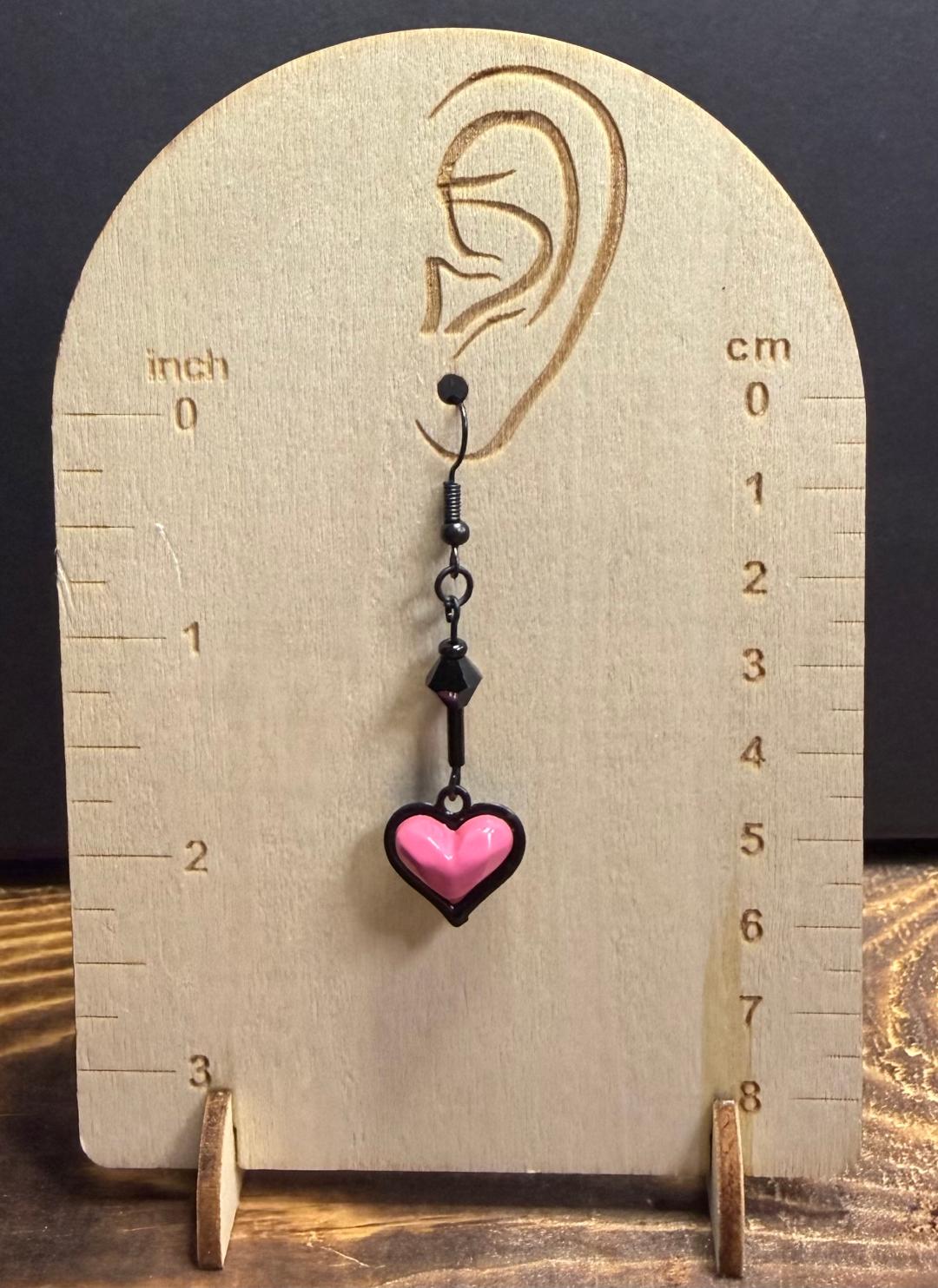 NEW Rose Pink Heart Charm Earring w/ Black Beads