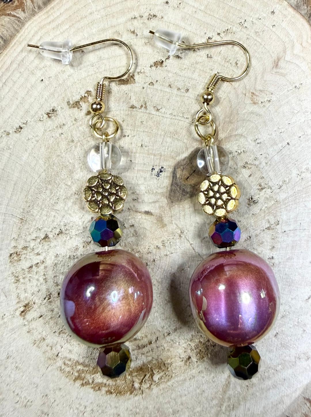 NEW Large Round Plated Acrylic Ball Earrings w/ Flower & Glass Beads