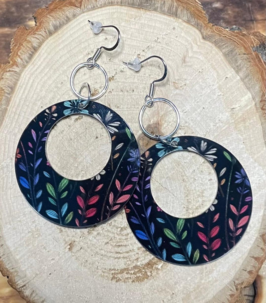 NEW Round Boho Black Acrylic Earrings w/ Multicolor Vines