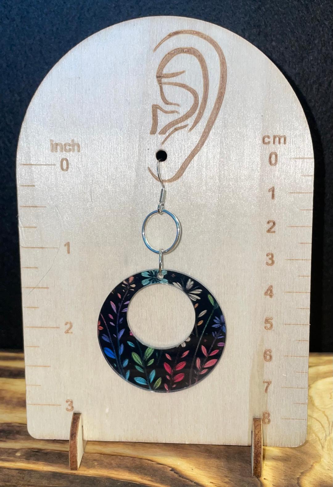 NEW Round Boho Black Acrylic Earrings w/ Multicolor Vines