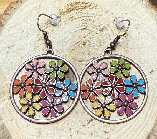 NEW Boho Hippie Brass Hoop w/ Multicolor Enamel Flower Earrings