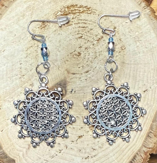 NEW Round Mandala Alloy Charms w/ Silver & Blue Bead Earrings