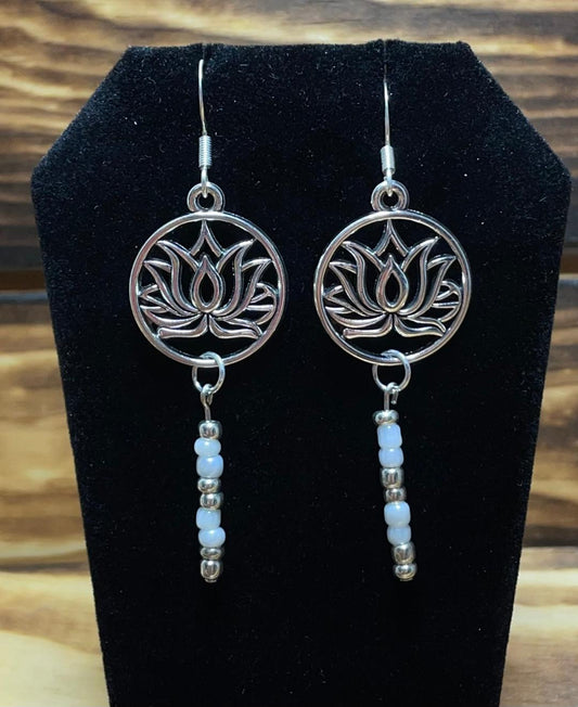 NEW Silver Tone Lotus Medallion & Beading Drop Dangle Earrings