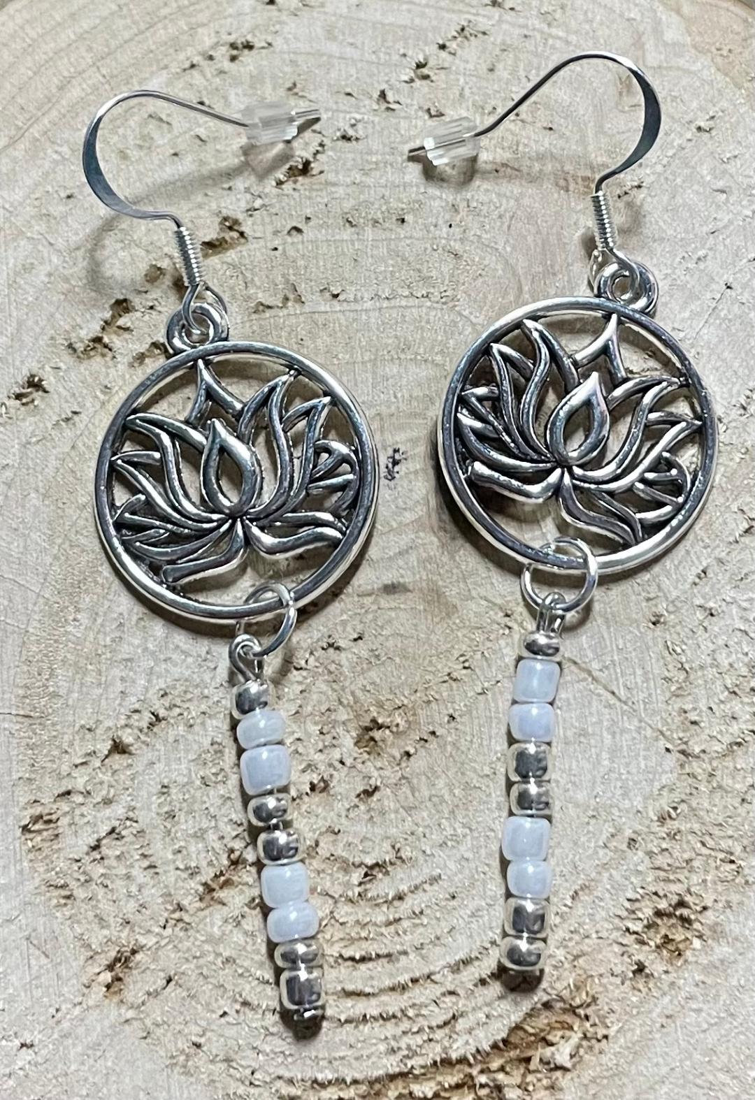 NEW Silver Tone Lotus Medallion & Beading Drop Dangle Earrings