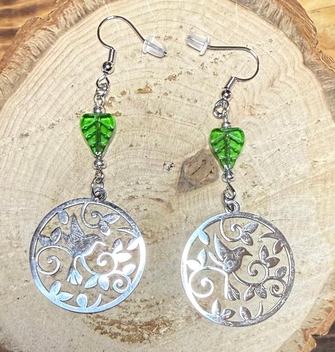 NEW Bird & Vine Themed Stainless Steel Earrings w/ Glass Leaves