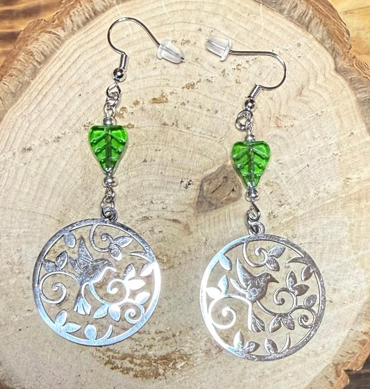 NEW Bird & Vine Themed Stainless Steel Earrings w/ Glass Leaves
