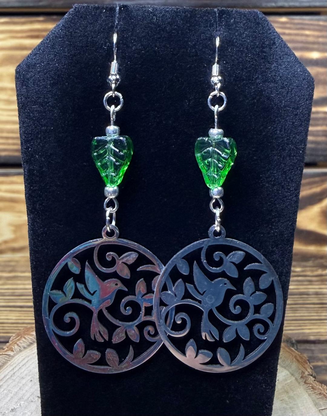 NEW Bird & Vine Themed Stainless Steel Earrings w/ Glass Leaves