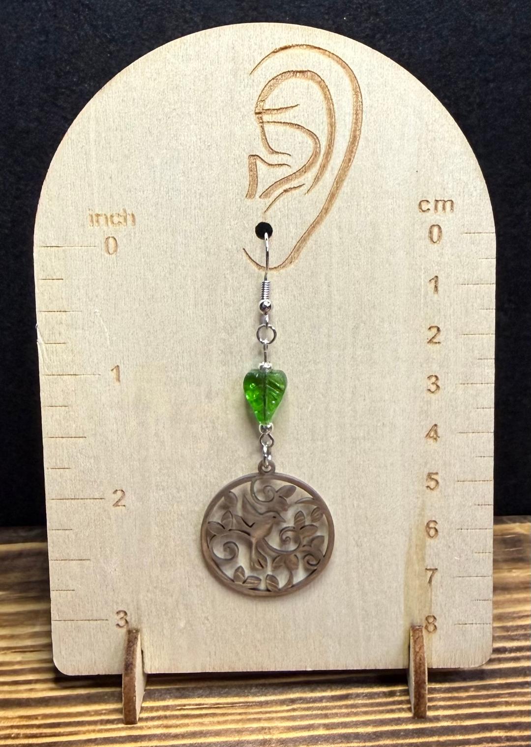 NEW Bird & Vine Themed Stainless Steel Earrings w/ Glass Leaves