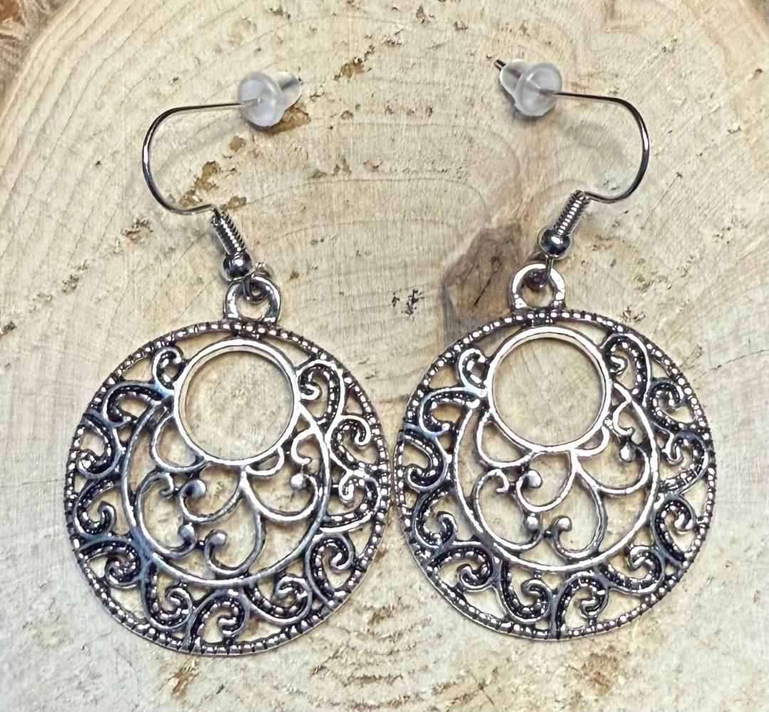 NEW Wide Filigree Open Center Round Silver Metal Alloy Earrings