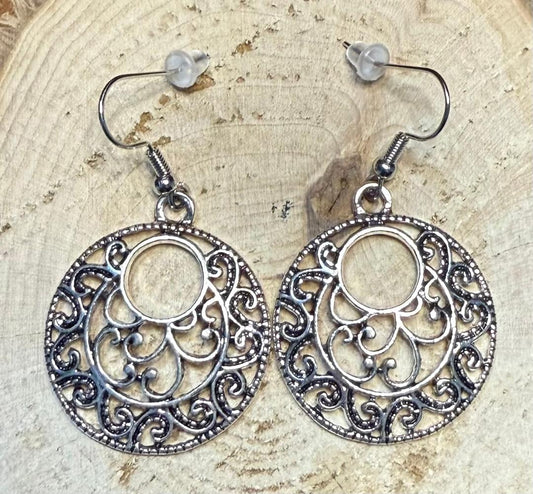 NEW Wide Filigree Open Center Round Silver Metal Alloy Earrings