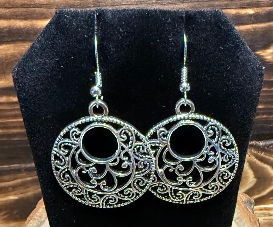 NEW Wide Filigree Open Center Round Silver Metal Alloy Earrings