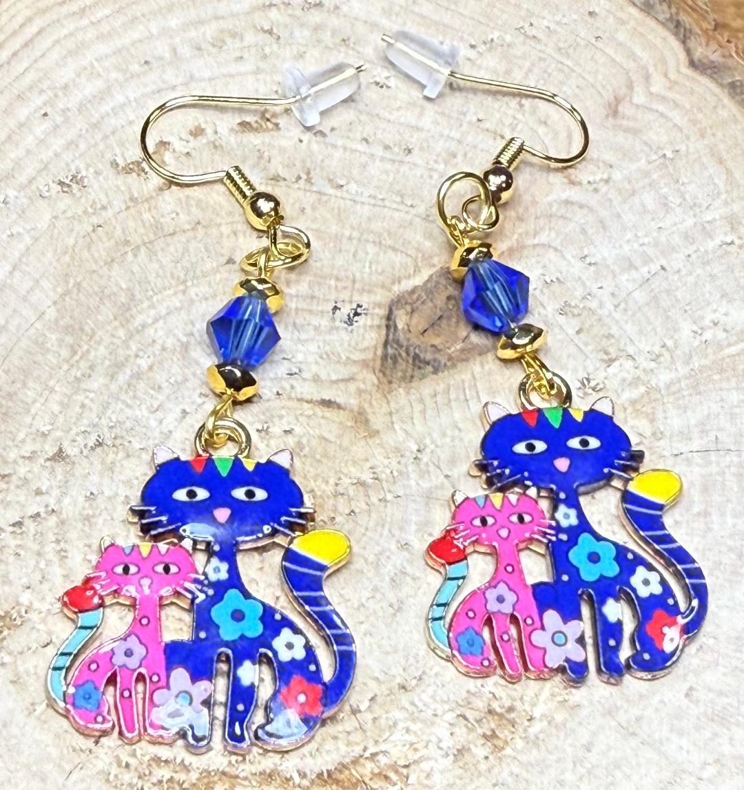 EW Royal Blue & Pink Floral Enamel Cat Earrings w/ Blue Beads