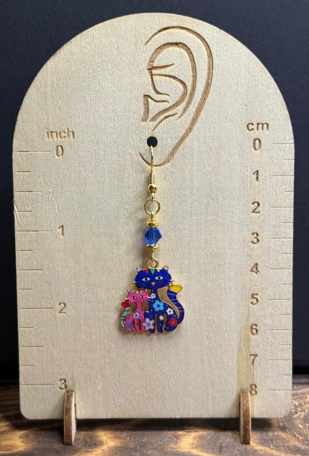 EW Royal Blue & Pink Floral Enamel Cat Earrings w/ Blue Beads