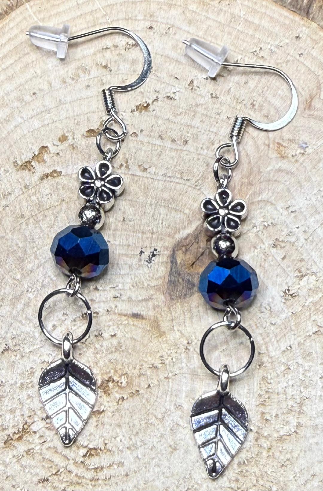 NEW Flower & Leaf Earrings w/ Royal Blue Plated Glass Beads