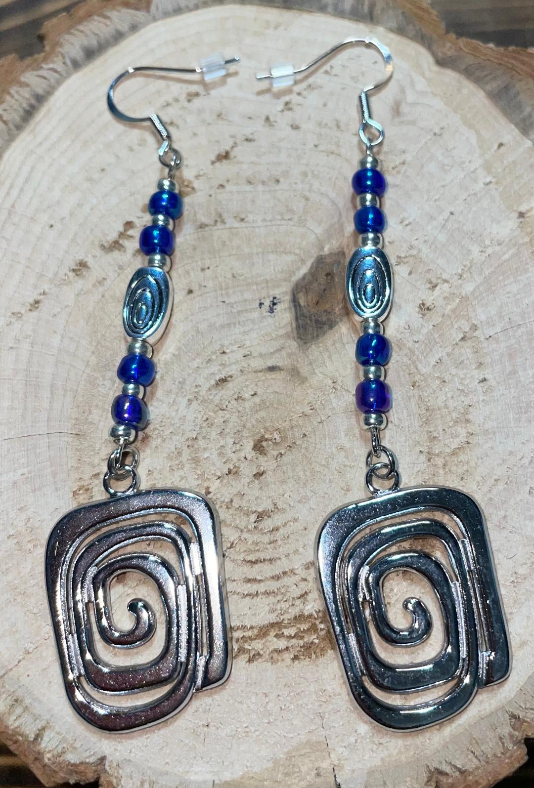 NEW Square Swirl Charm & Beads - Art Deco Style Drop Earrings