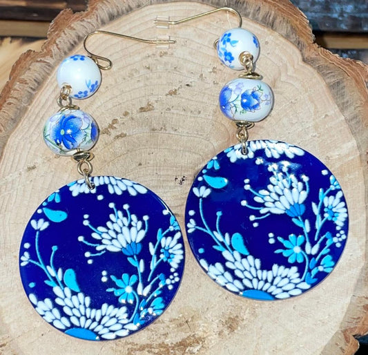 NEW Boho Blue Acrylic Floral Disk / Beads Earrings