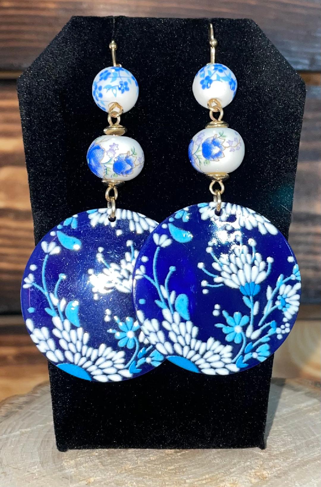NEW Boho Blue Acrylic Floral Disk / Beads Earrings