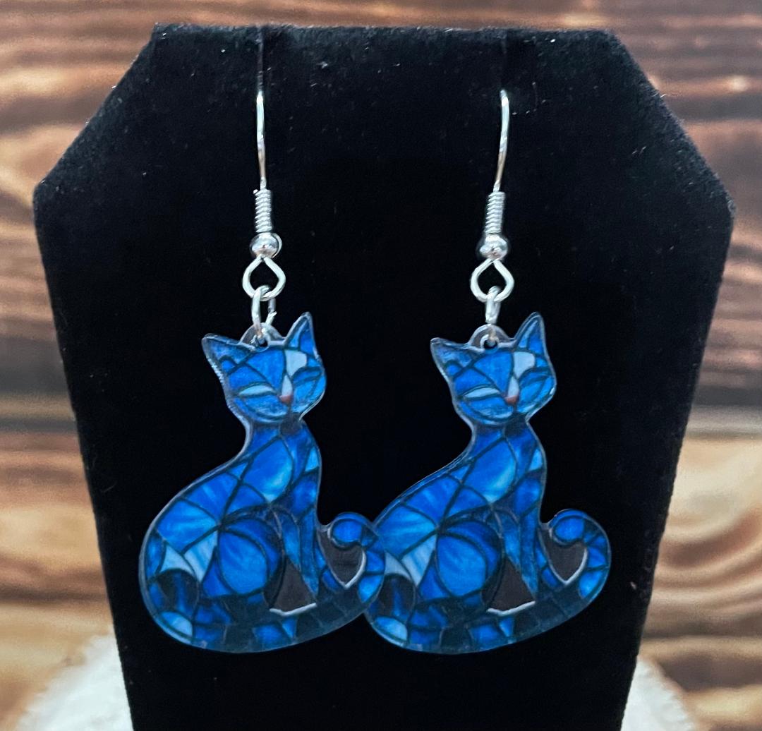 NEW Vibrant Royal Blue Stained Glass Style Boho Acrylic Cat Kitten Earrings