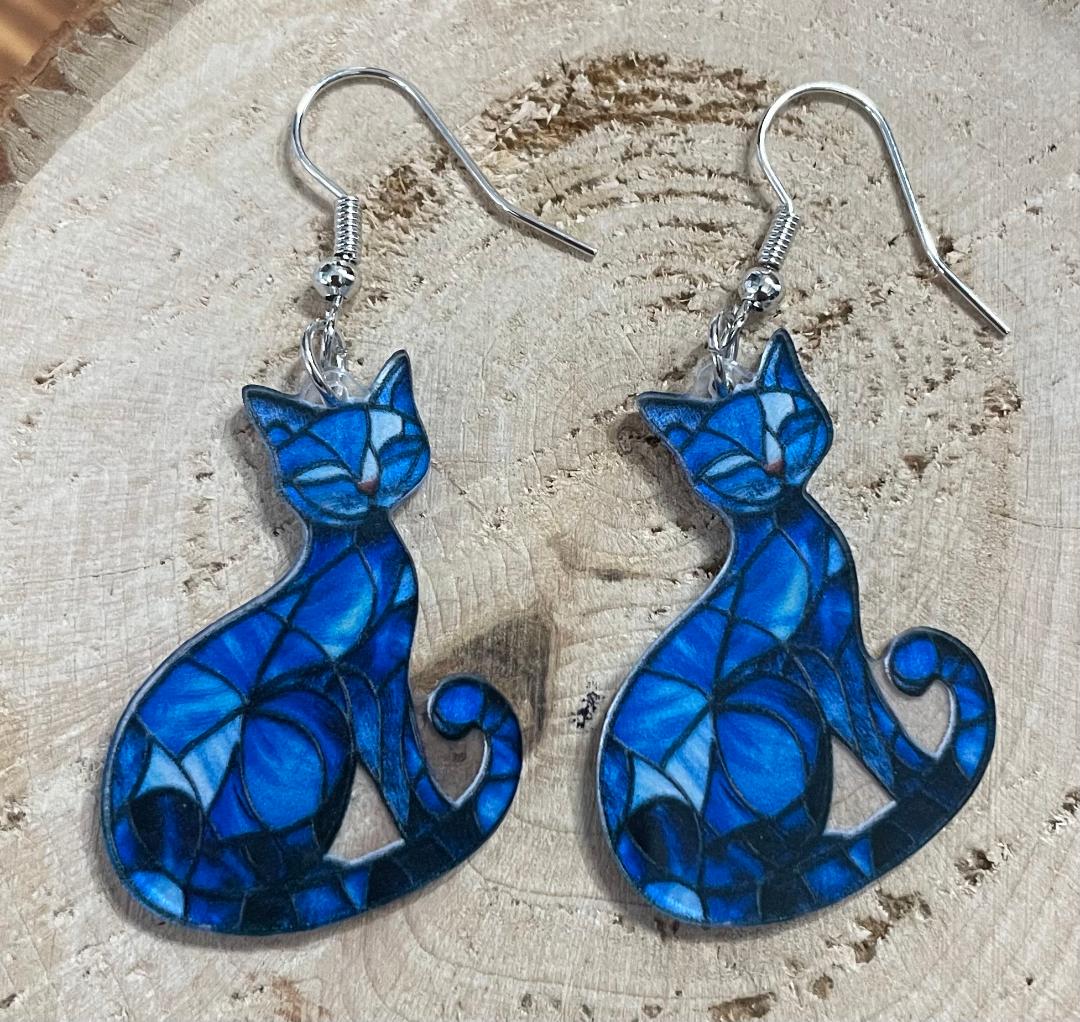 NEW Vibrant Royal Blue Stained Glass Style Boho Acrylic Cat Kitten Earrings