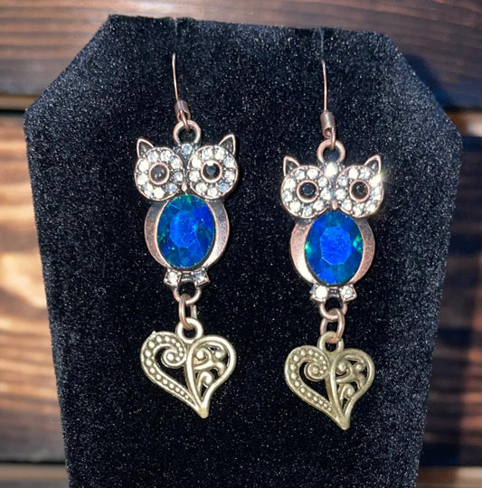 NEW Blue Rhinestone Owl & Filigree Heart Drop Dangle Bronze Tone Earrings
