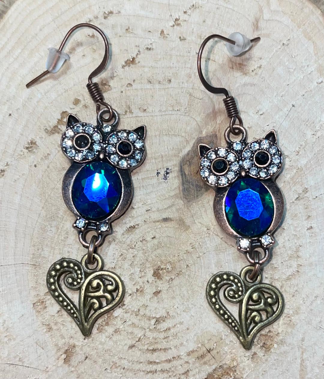 NEW Blue Rhinestone Owl & Filigree Heart Drop Dangle Bronze Tone Earrings