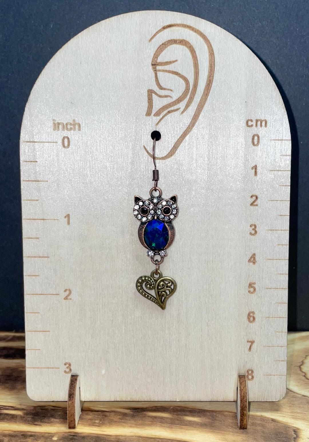 NEW Blue Rhinestone Owl & Filigree Heart Drop Dangle Bronze Tone Earrings