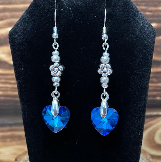NEW Lustrous Royal Blue Rhinestone Heart Dangle Earrings