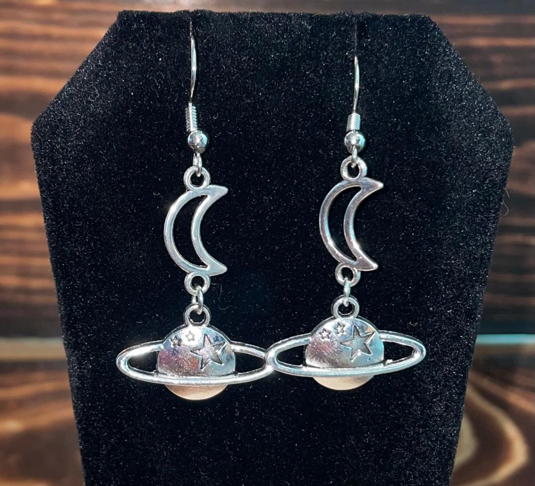 NEW Saturn Planet Moon Drop Dangle Earrings