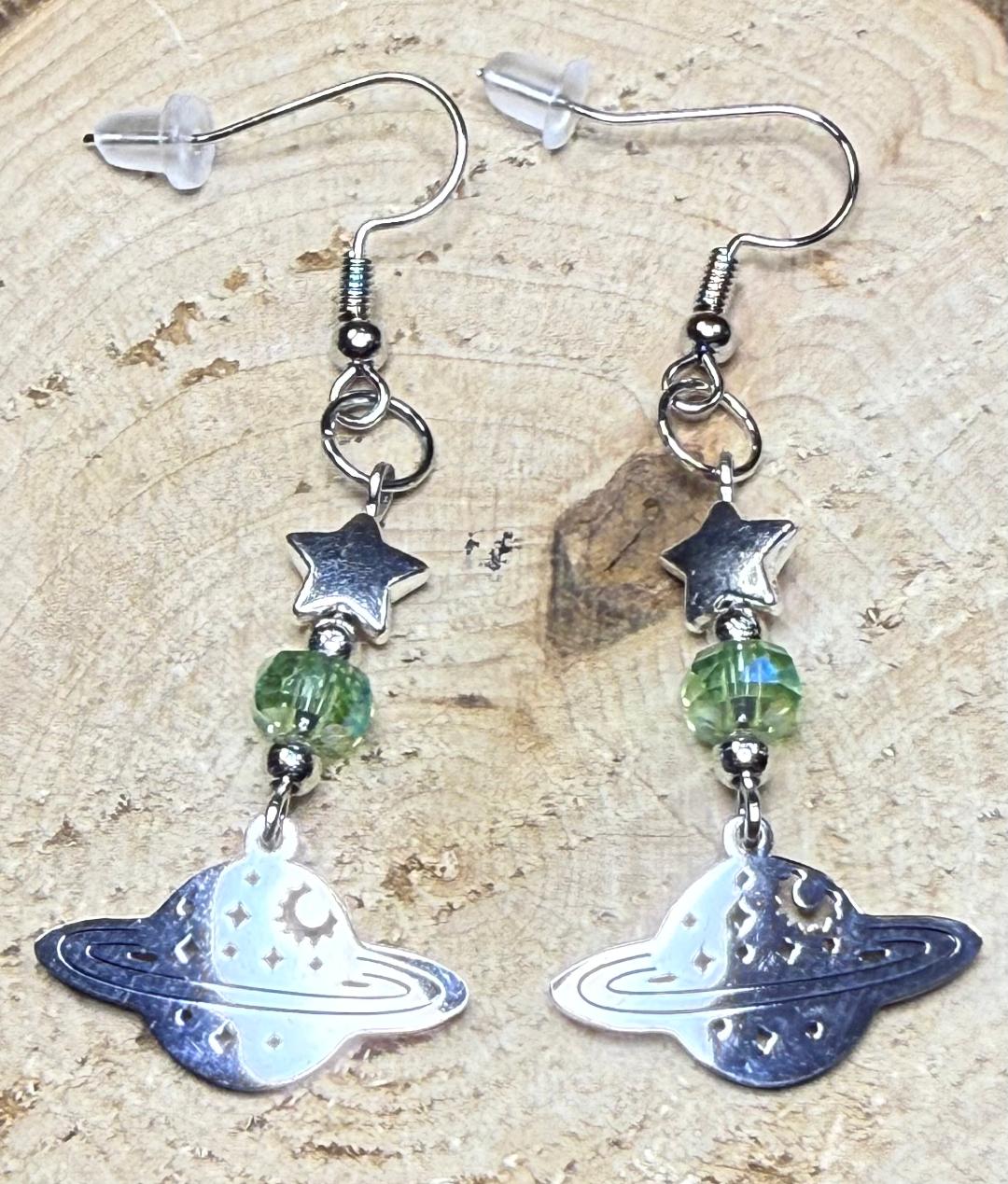 NEW Saturn Planet Celestial Charm Earrings w/ Stars & Glass Beads
