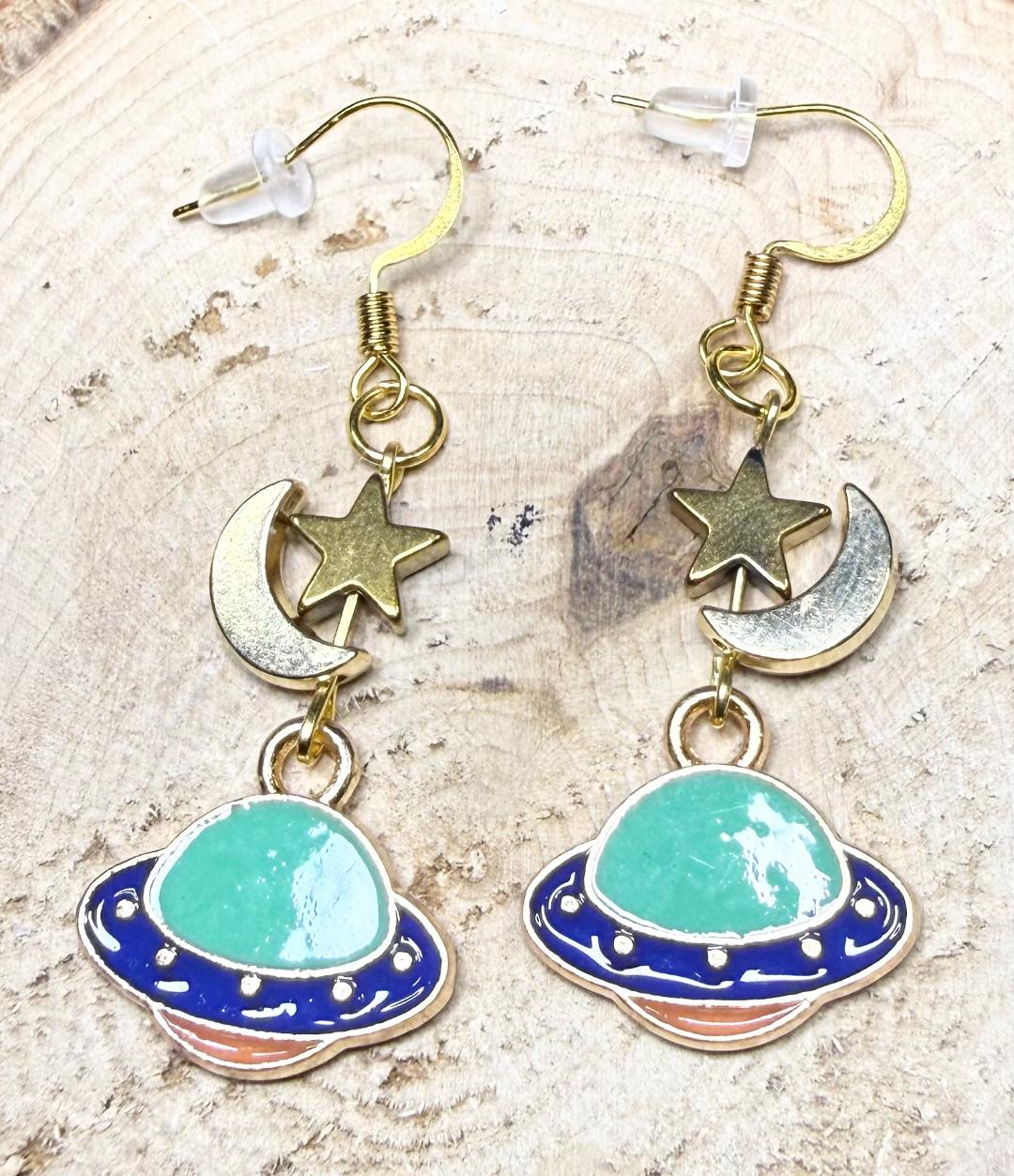 NEW Colorful Saturn Planet Earrings w/ Moon & Star Beads