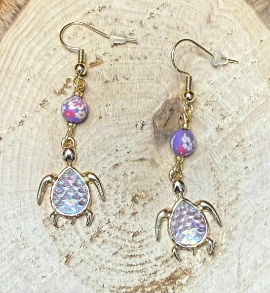 NEW Iridescent Turtle & Purple Floral Bead Earrings