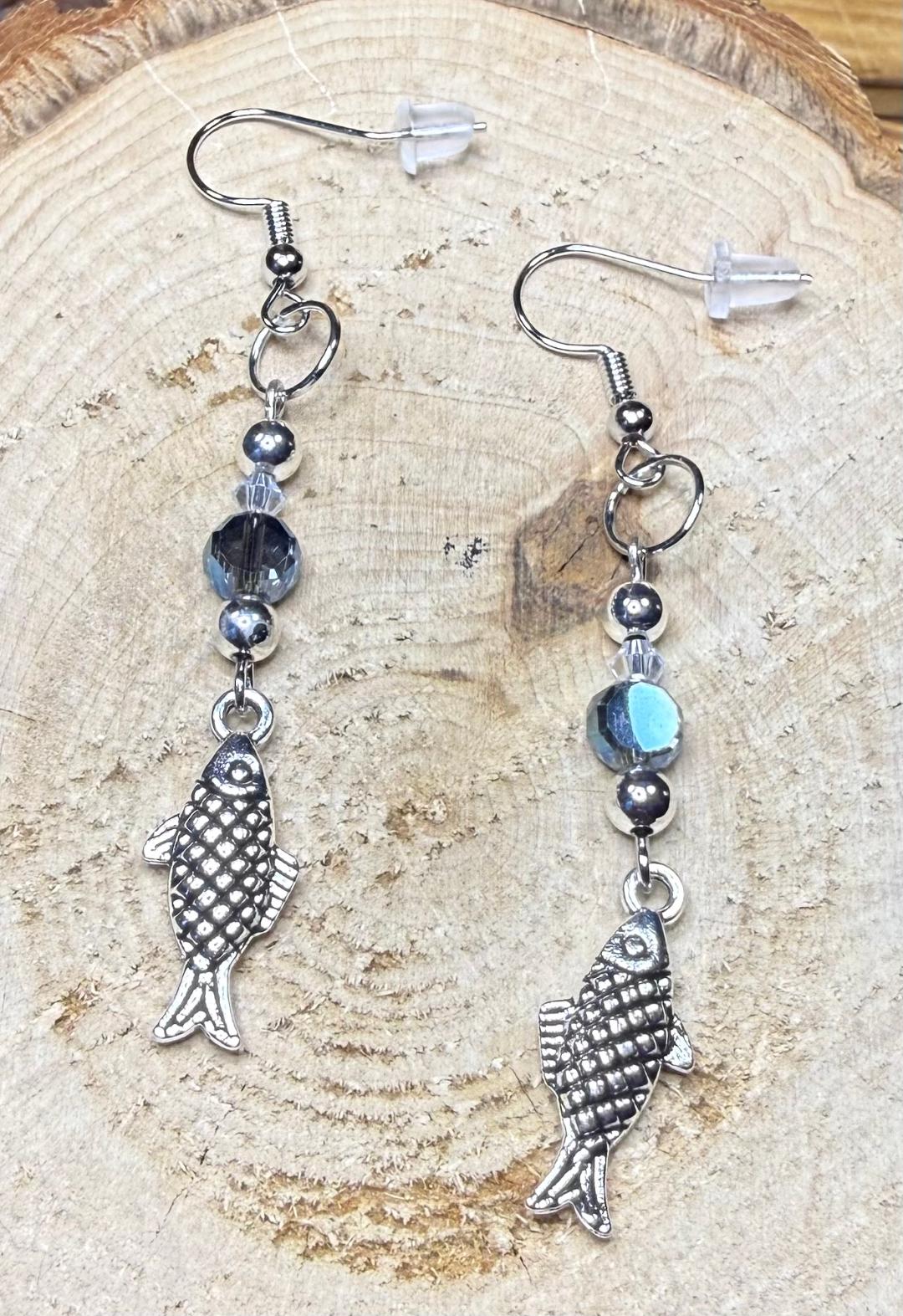 NEW Fish Charm Earrings w/ Clear & Blue Glass Beads