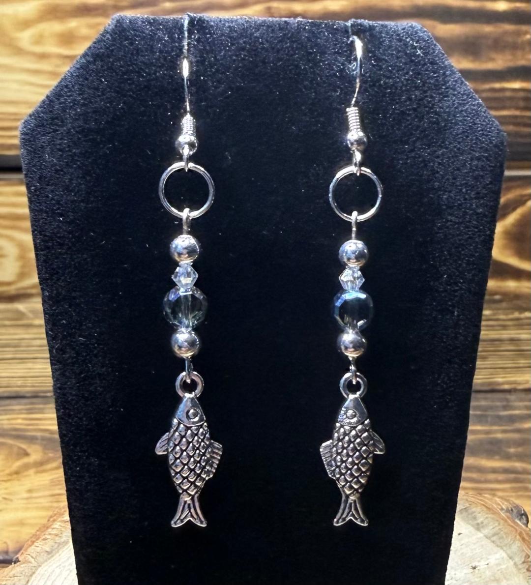 NEW Fish Charm Earrings w/ Clear & Blue Glass Beads