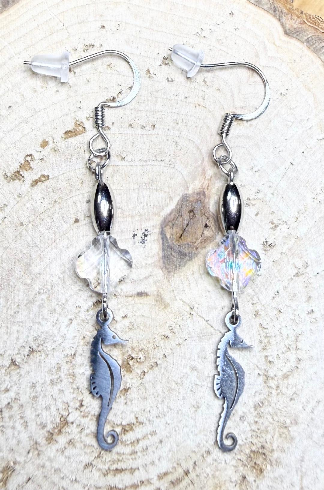 NEW Stainless Steel Seahorse Charm Earrings w/ Quatrefoil Leaf Glass Beads
