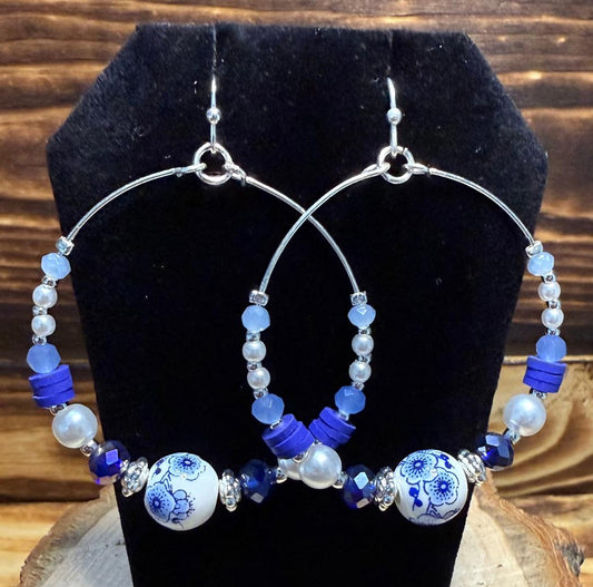 NEW Boho Shabby Chic Hoop Earrings w/ Blue & Floral Beads