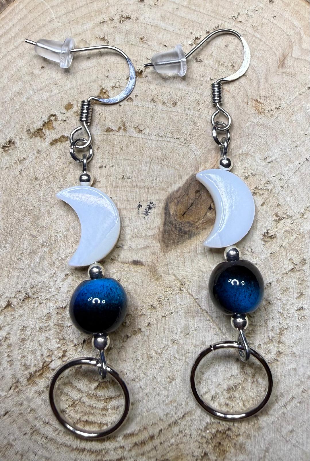 NEW Celestial Shell Crescent Moon Earrings w/ Two Tone Blue & Black Bead